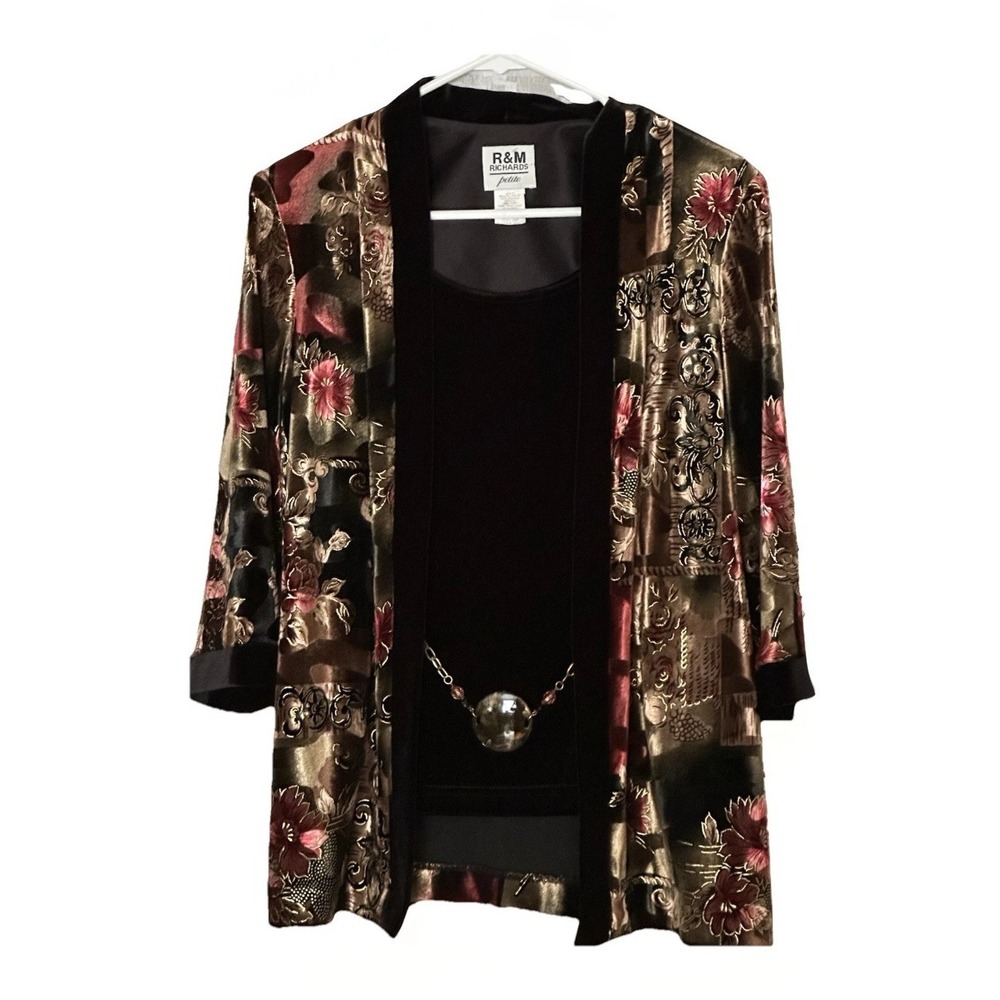 R&M Richards Top Women 8P Black Gold Red Metallic Velvet Burnout Cardigan Formal